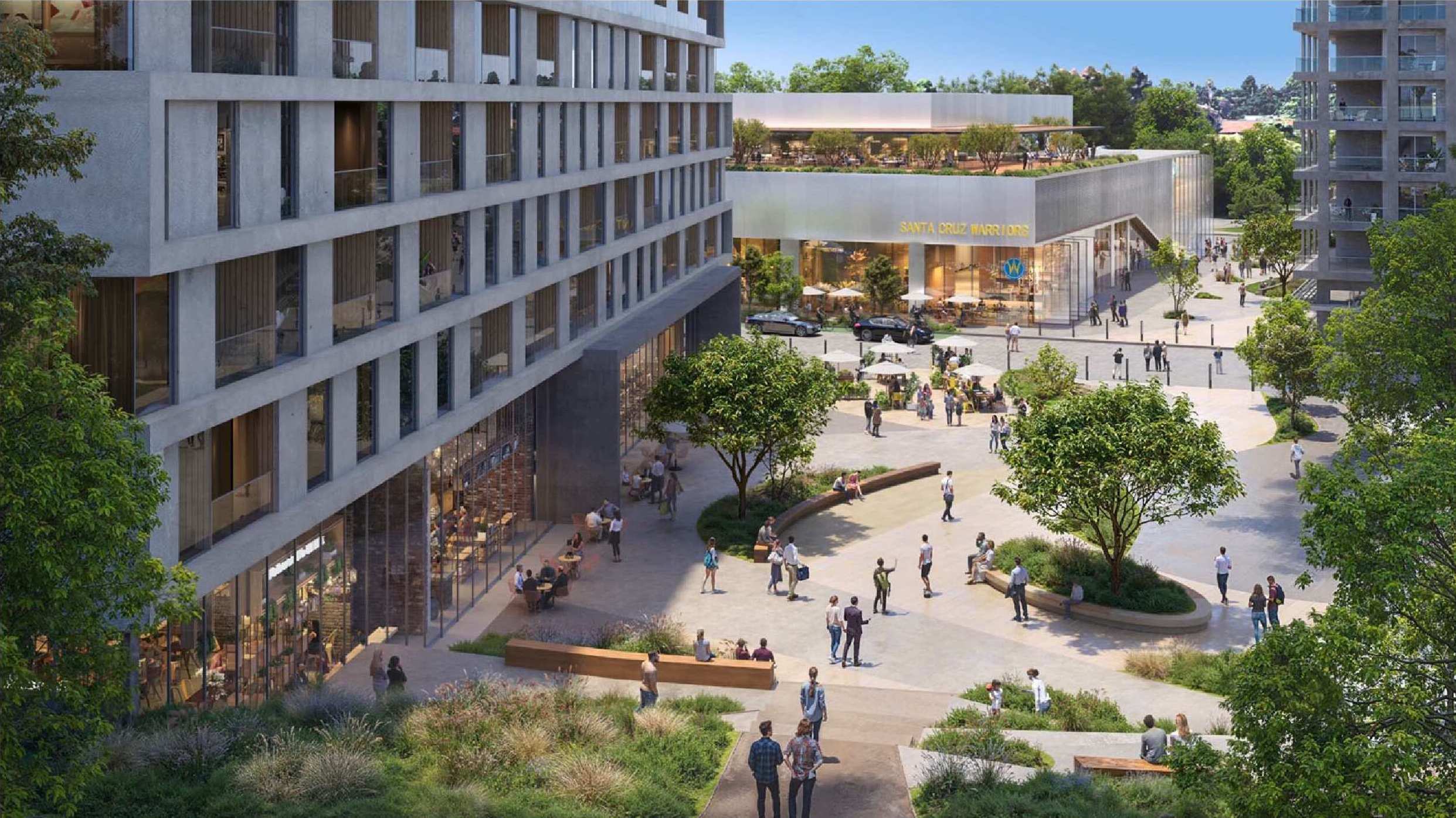 warriors-arena-rendering-2025-riverwalk-plaza A rendering shows a possible new permanent Santa Cruz Warriors arena.