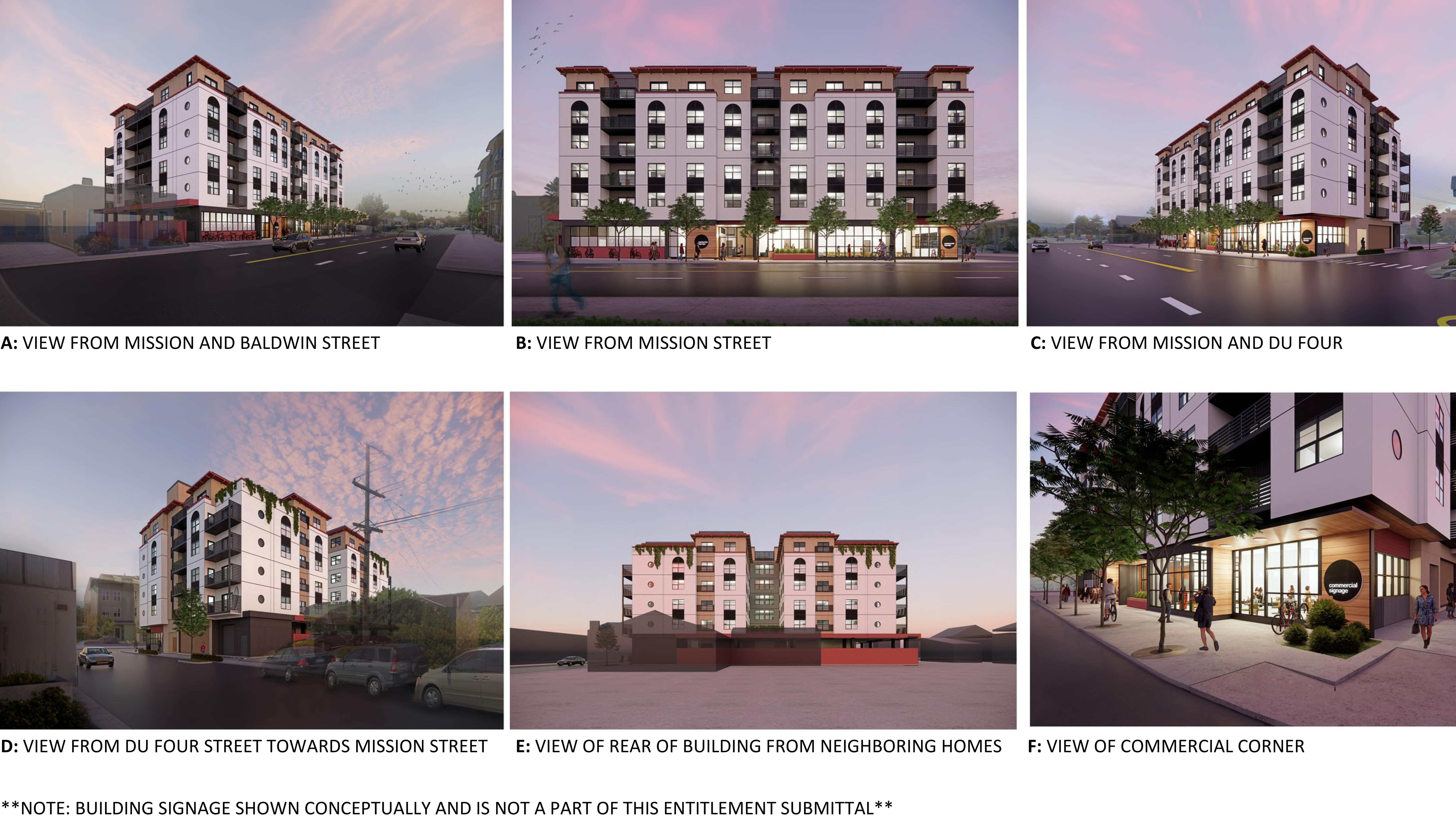 A rendering shows several angles of a six-story, 67-unit apartment building that is proposed on the 1800 block of Mission Street in Santa Cruz.