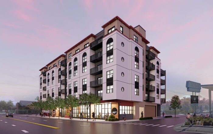 A rendering shows a six-story, 67-unit apartment building that is proposed on the 1800 block of Mission Street in Santa Cruz.