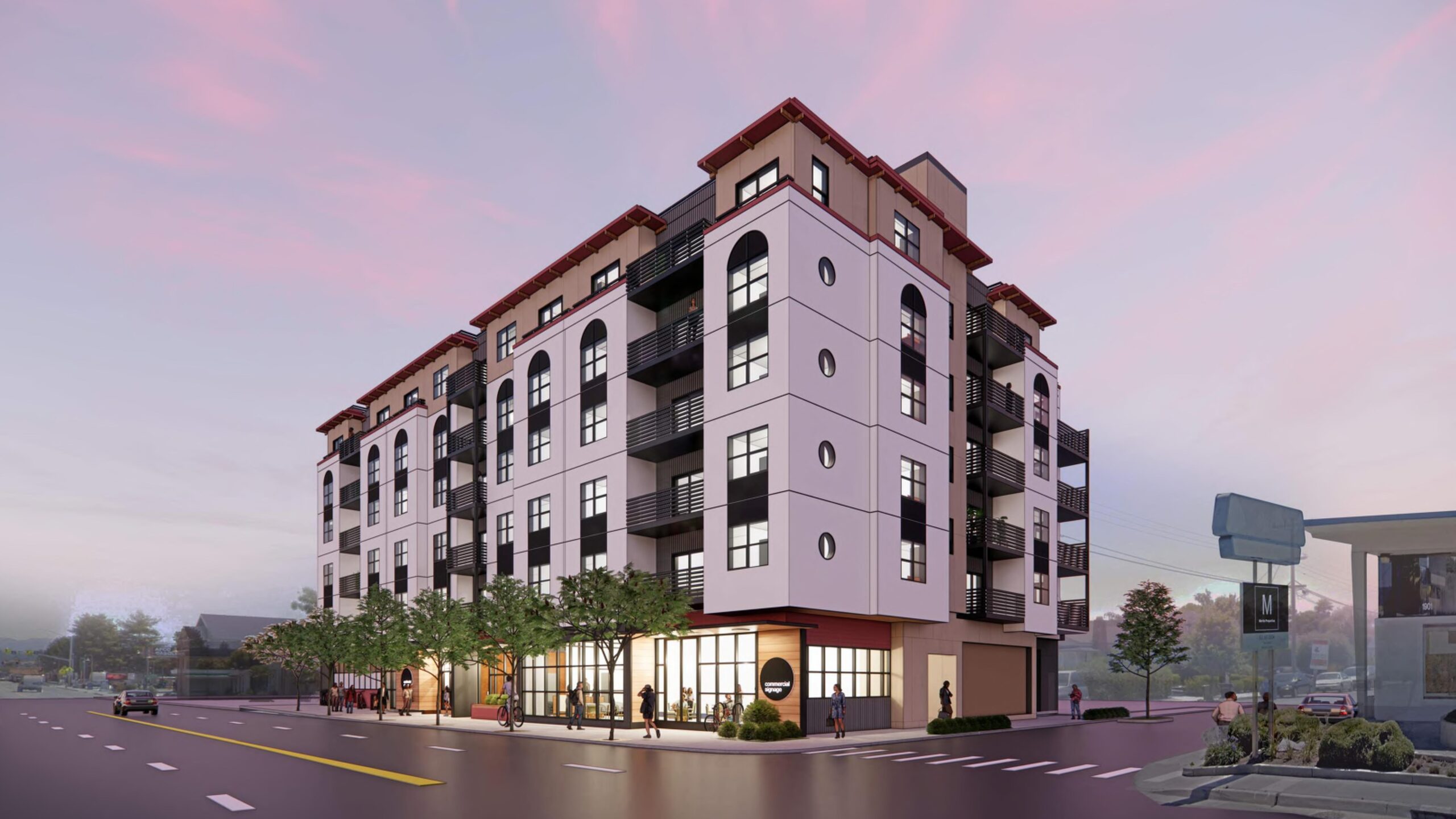 A rendering shows a six-story, 67-unit apartment building that is proposed on the 1800 block of Mission Street in Santa Cruz.