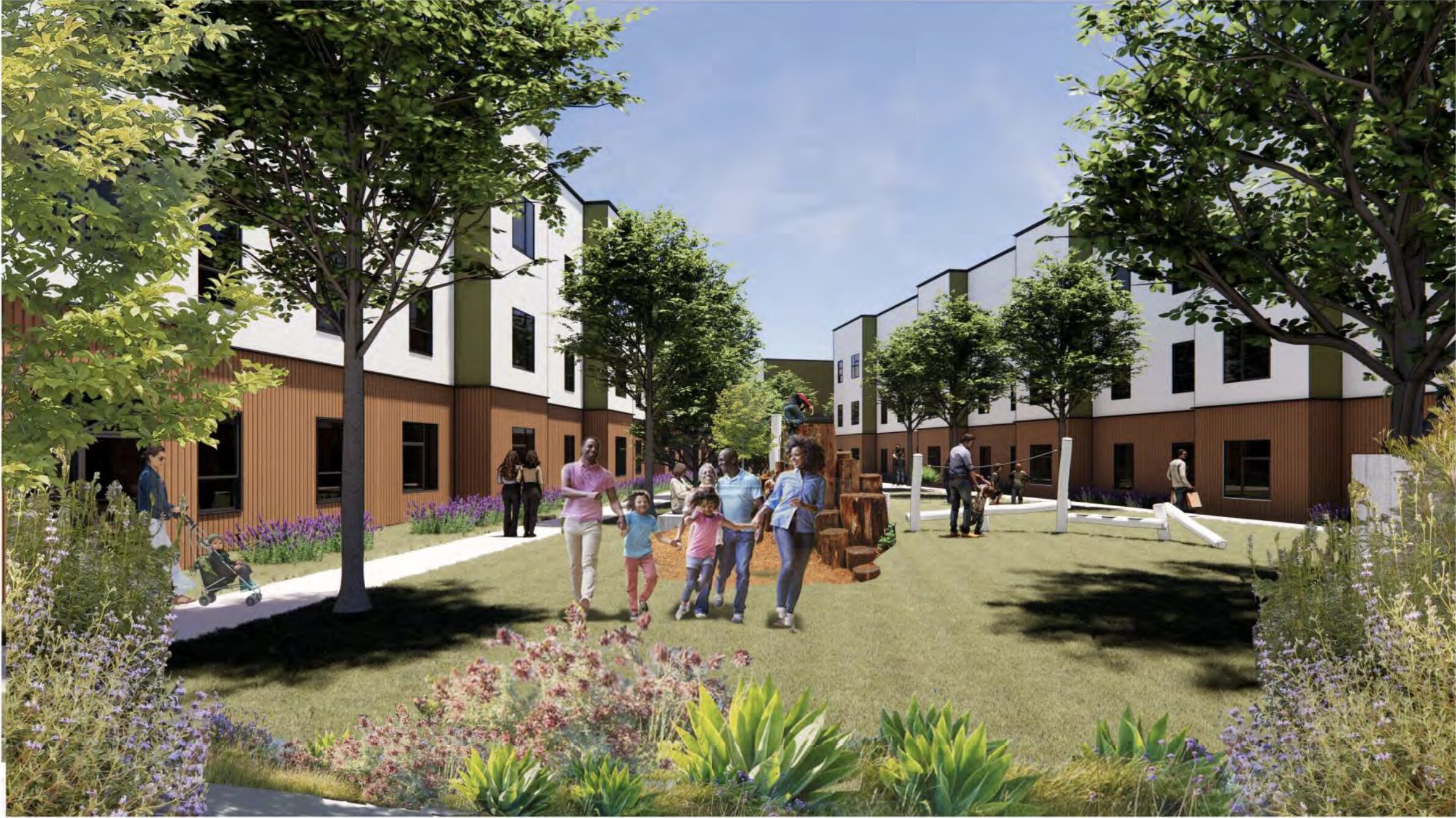 A rendering of the courtyard at a proposed below-market-rate project at 4575 Scotts Valley Drive.