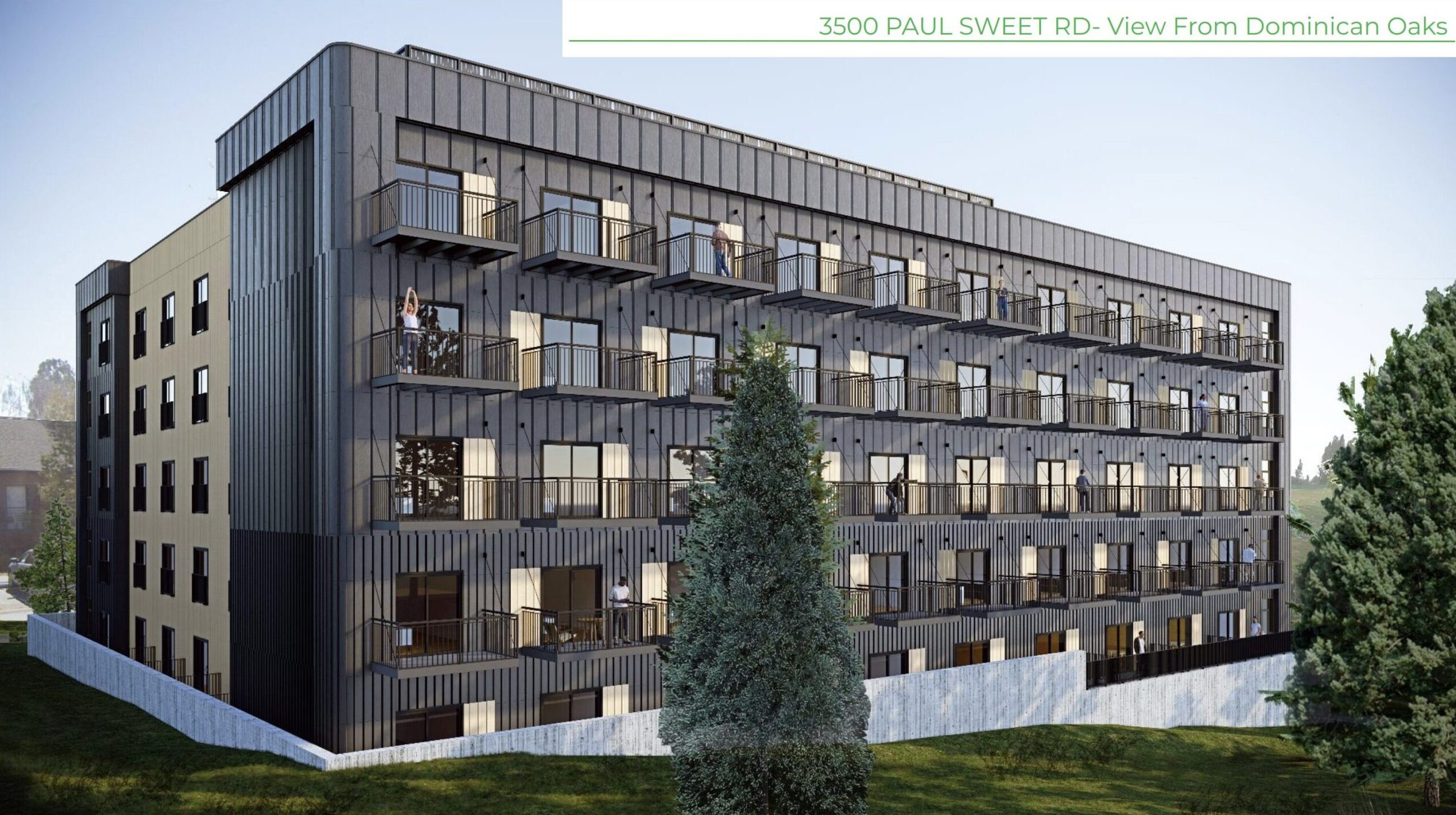 A rendering depicts a proposed six-story apartment building on Paul Sweet Road, as seen from the Dominican Oaks senior housing.